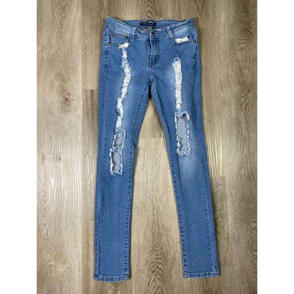 Fashion Nova Women's 7/8 Blue Distressed Ripped Skinny Jeans Mid Rise Stretch - Picture 2 of 8